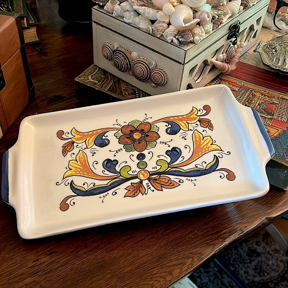 Italian Ceramic Serving Tray with Floral Tole Pattern